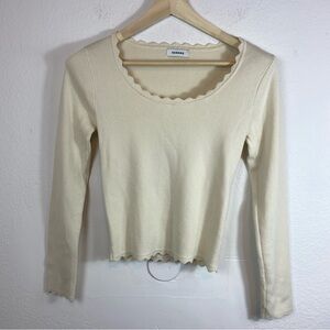 Sandro Cream Long Sleeve Scallop Trim Tee